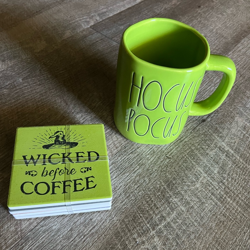 Rae Dunn Hocus Pocus mug and set of four Halloween coasters 🧙🏻‍♀️☕️ NWOT
